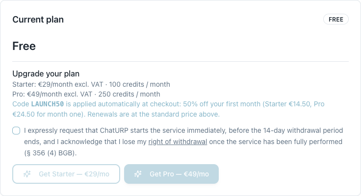 Billing tab on the free tier, showing Starter and Pro prices, the LAUNCH50 note, the consent checkbox and the two purchase buttons