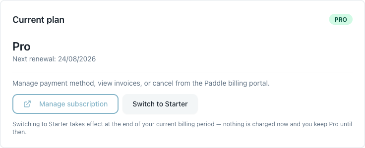 Billing tab for an active Pro subscription, showing the next renewal date, Manage subscription and Switch to Starter