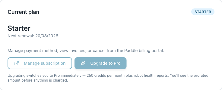 Billing tab for an active Starter subscription with the Upgrade to Pro button and a note about the prorated amount