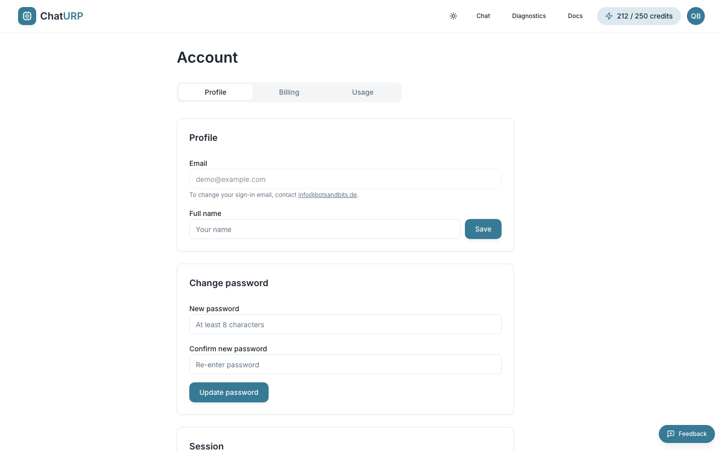 Profile tab showing the email and full-name fields and the Change password card