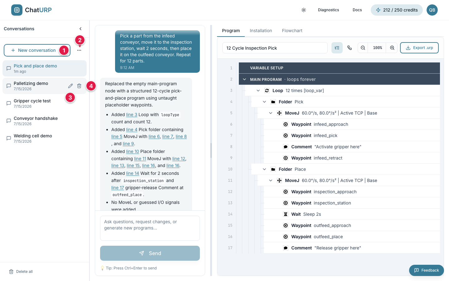 Expanded conversation sidebar with five conversations, the rename and delete icons showing on a hovered row