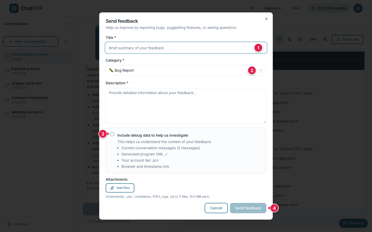 Send feedback dialog with title, category, description, the debug-data checkbox and Add files