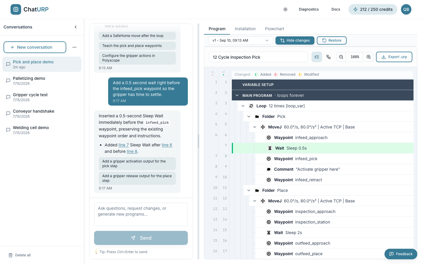 History bar above the program with the version dropdown reading v1, the Hide changes button and Restore; the added Wait row is highlighted green in the tree