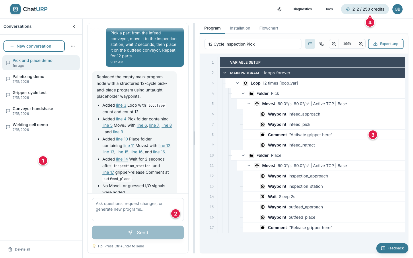 Full chat layout with sidebar, chat panel, prompt area and program tree