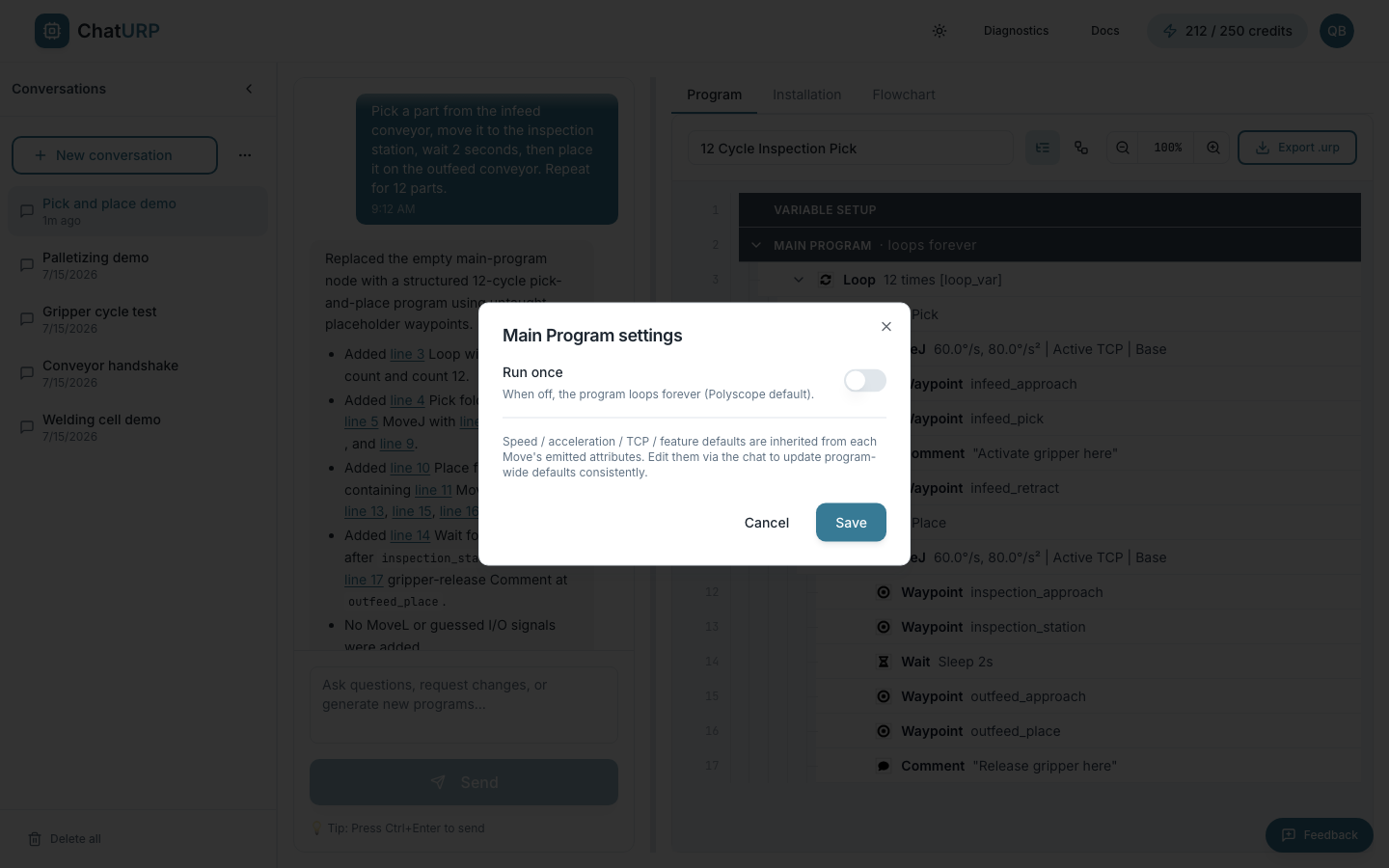 Main Program settings dialog with the Run once toggle