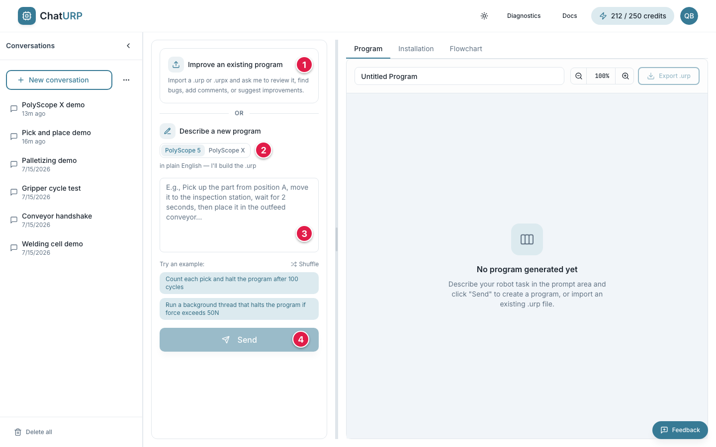 Empty prompt area with the import card, the PolyScope 5 / PolyScope X picker and example prompts