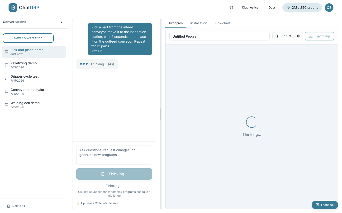 Prompt area mid-generation: the chat shows Thinking… with elapsed seconds, the Send button reads Thinking…, and the program panel shows a spinner