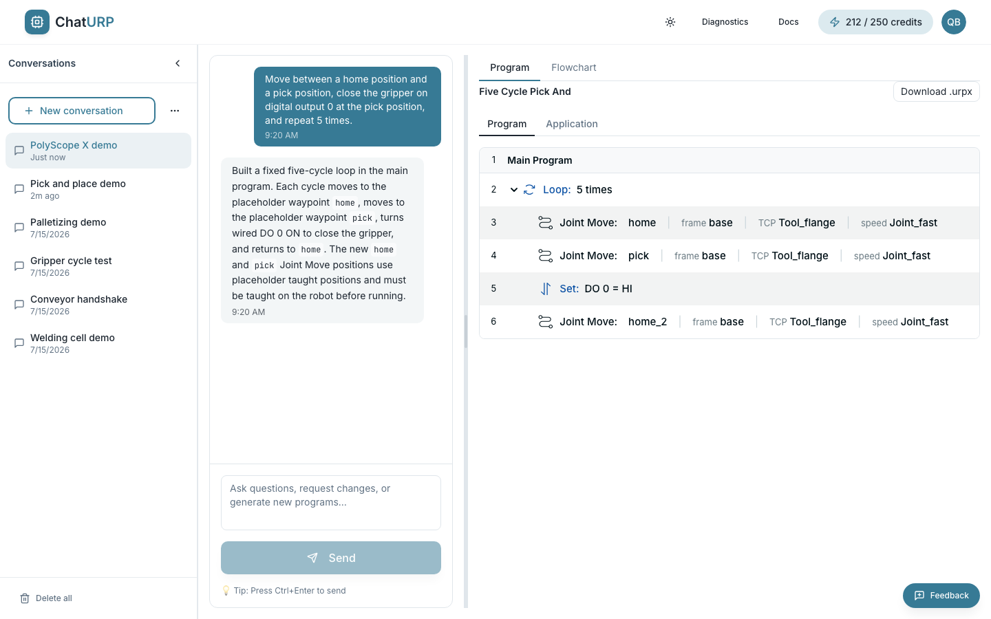 PolyScope X program with the Program and Application sub-tabs and the Download .urpx button