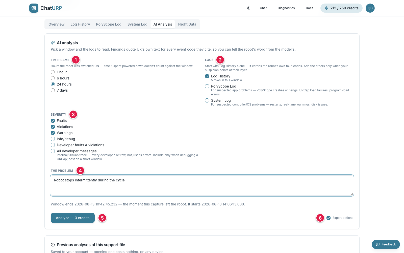 AI Analysis panel with timeframe radios, log and severity checkboxes, the problem box and the Analyse button