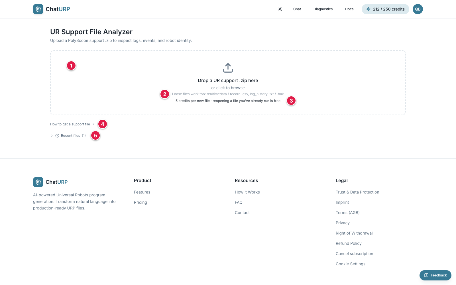 Diagnostics drop zone ready for a support file upload