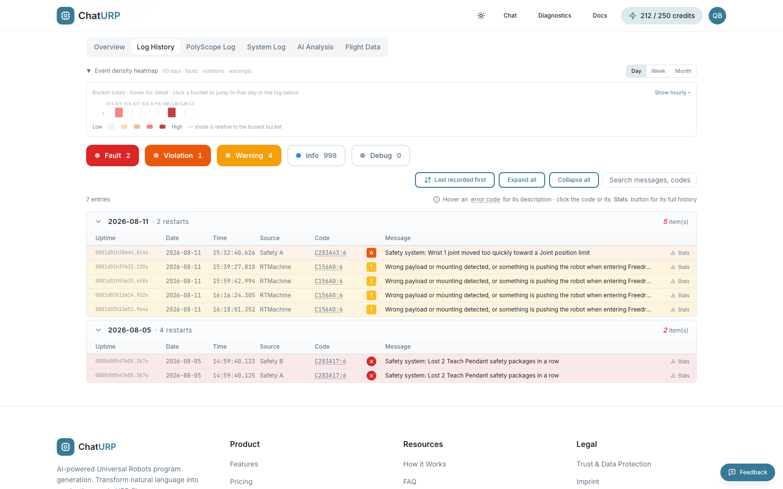 Log History tab with severity pills, search box and the event density heatmap above the list