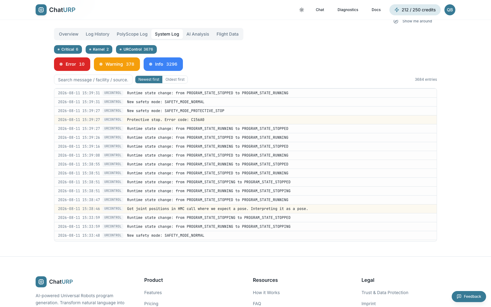 System Log tab with source pills, severity pills and search