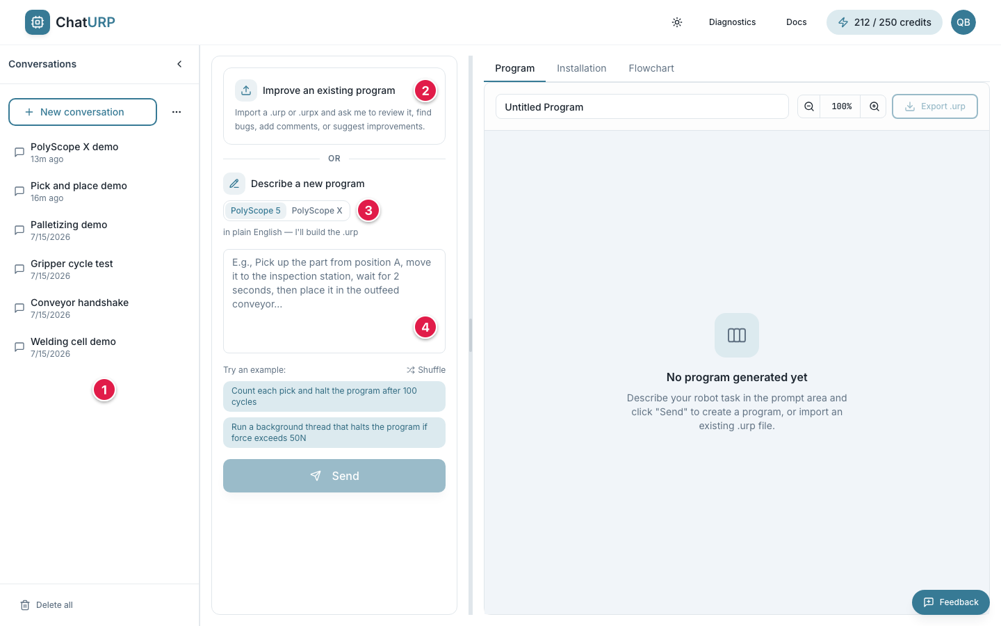 Chat on first open with the Improve an existing program card, the PolyScope 5 / PolyScope X picker and an empty prompt box