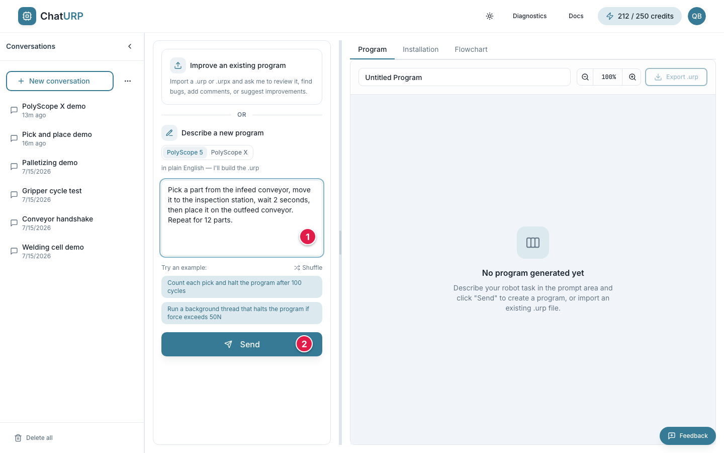 Chat with a short pick-and-place prompt typed into the prompt box, not yet sent