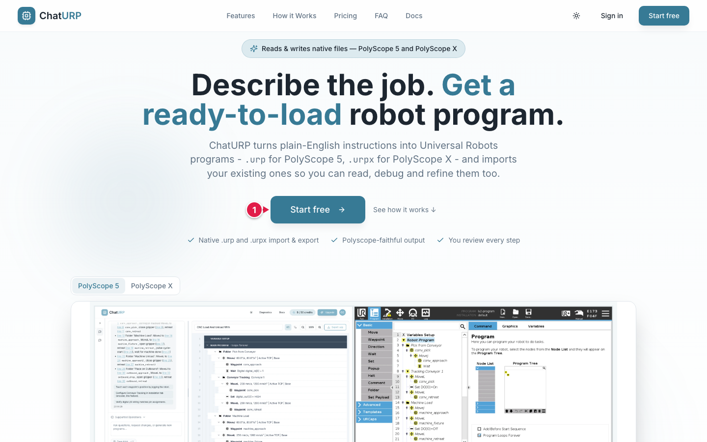 ChatURP landing page with the headline "Describe the job. Get a ready-to-load robot program." and the Start free button