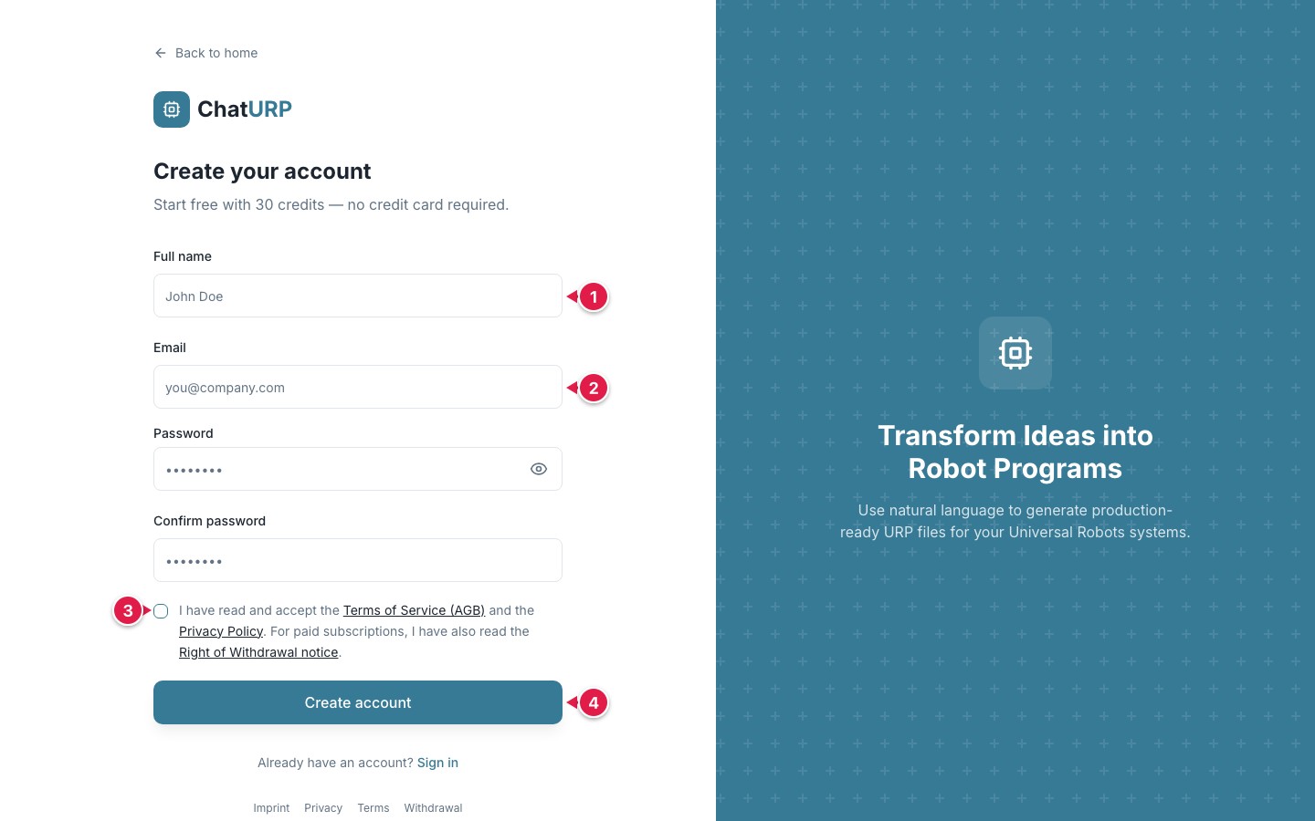 ChatURP sign-up form with full name, email, password, confirm password and the legal-acceptance checkbox