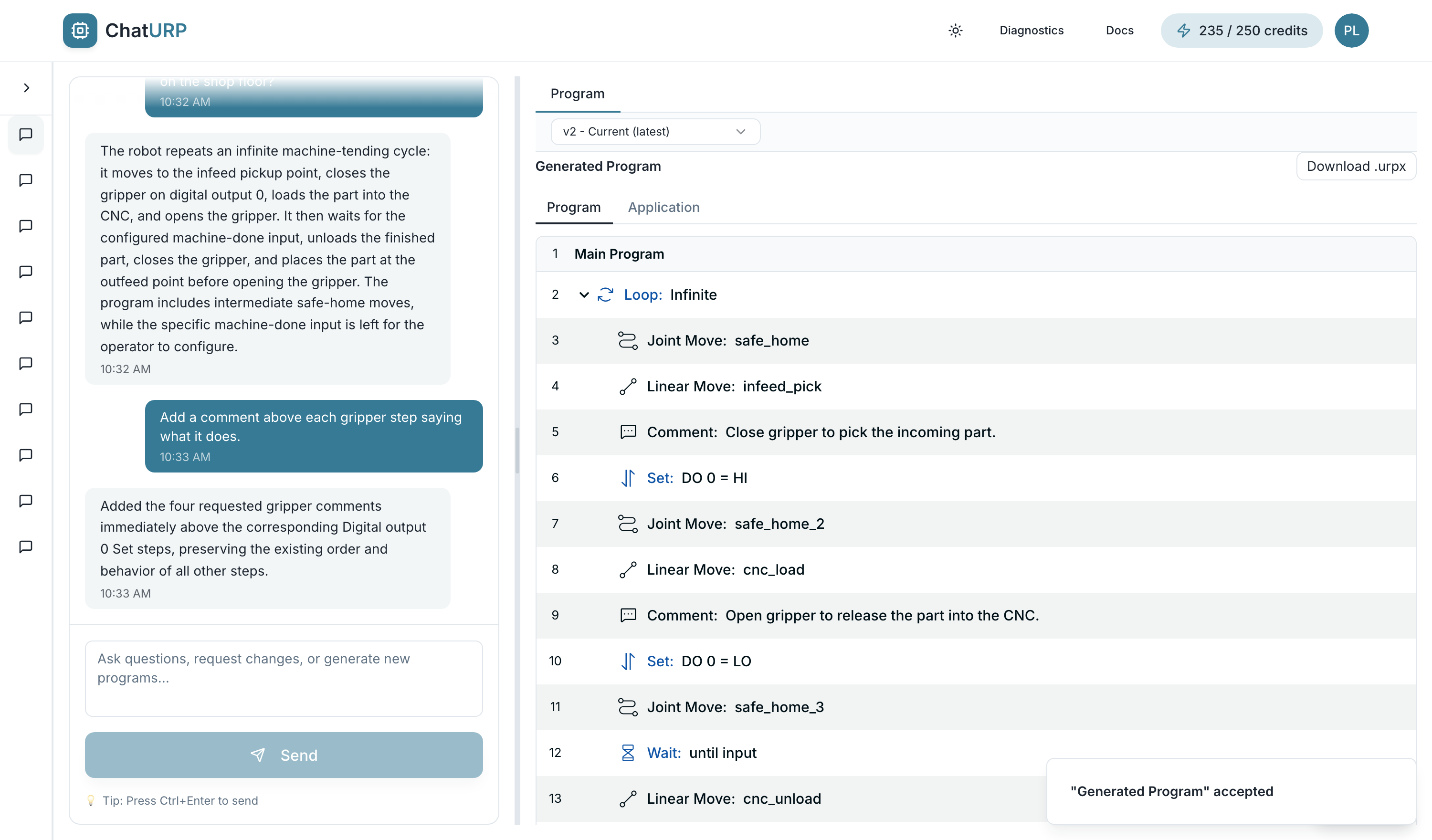 ChatURP chat answering what a machine-tending program does, beside the program tree it describes.