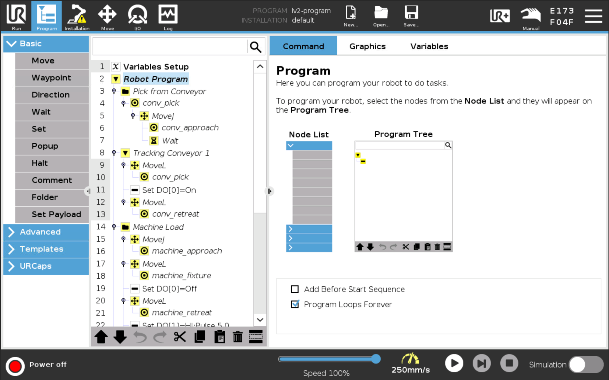 The exported .urp opened on a Universal Robots teach pendant in Polyscope 5, showing the same program tree.