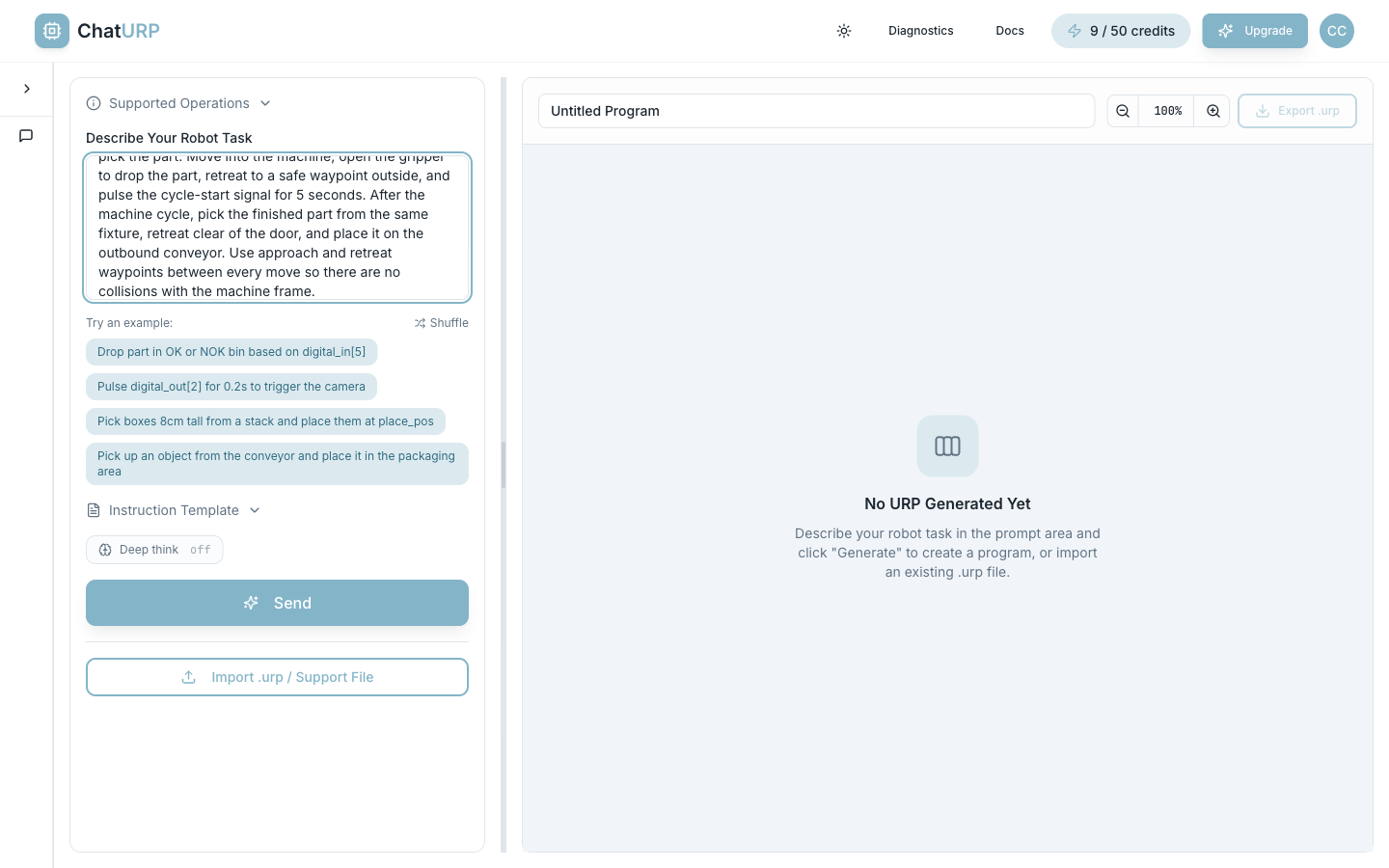ChatURP dashboard with the CNC load/unload prompt typed into the Describe Your Robot Task box.