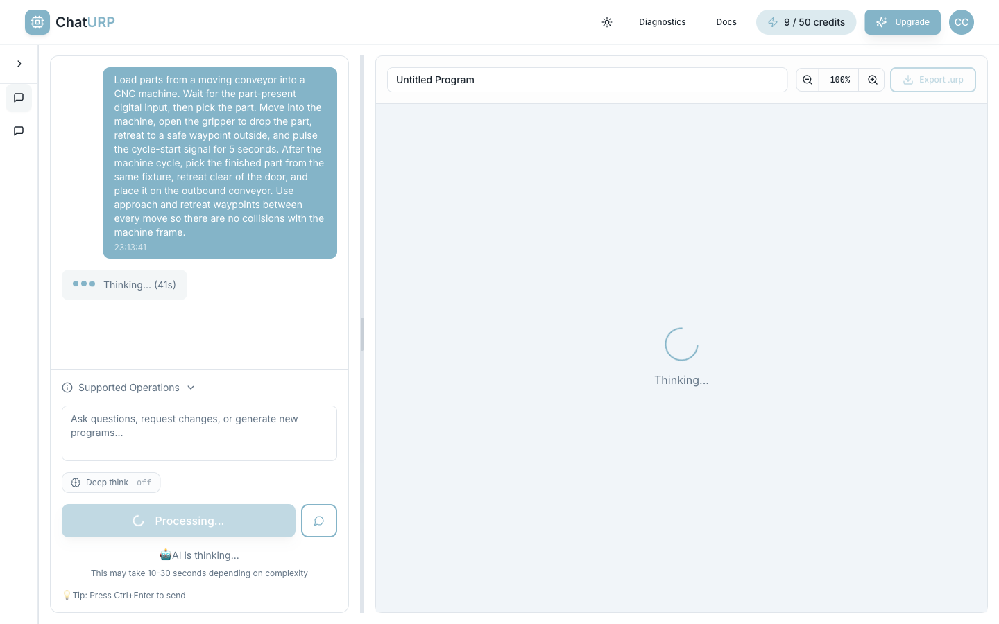 ChatURP generating the program - assistant shows a Thinking spinner mid-generation.