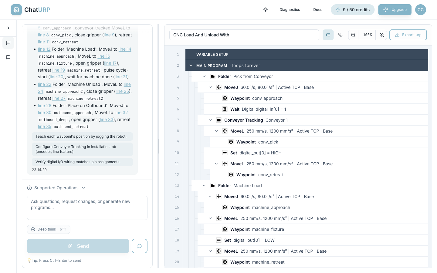 The generated CNC load/unload program shown as an editable tree with four folders.